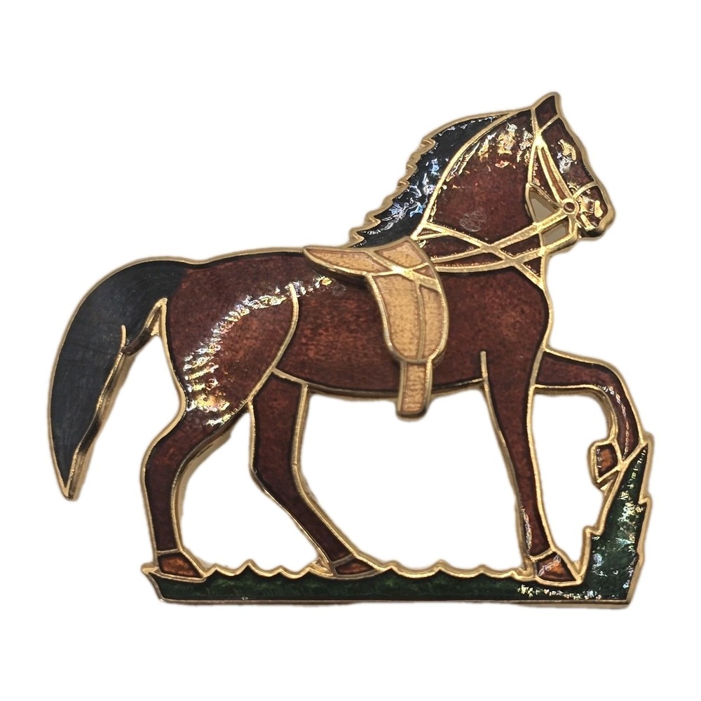 Vintage Fish Enterprises Horse Brooch Enamel Gold Tone Equestrian Pin